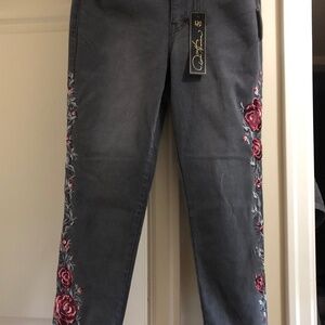 DG2 grey jeans with red roses embroidery size 10